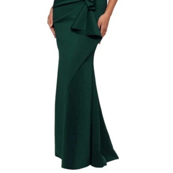 Xscape Hunter Green Ruched Scuba Ruffle Gown - Picture 2 of 4